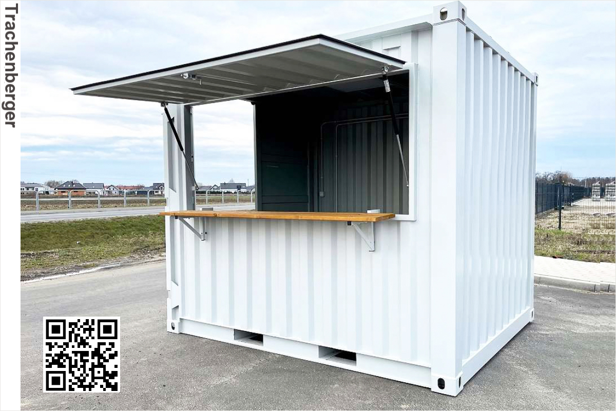 Kontener gastronomiczny 10-stopowy z ladą podawczą, klapą i instalacją elektryczną, idealny jako mobilny bar.